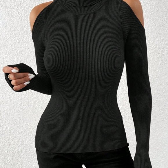 Black Casual Womens Turtleneck Cold Shoulder Ribbed Knit Sweater - Picture 4 of 5